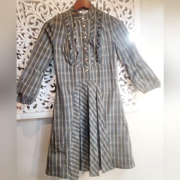 RARE MOSCHINO JEANS PLEATED RUFFLE COTTAGECORE PLAID LONGSLEEVE MIDI DRESS SZ:2 - Picture 6 of 16